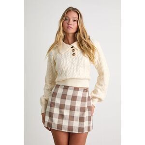 Lulus Tillie Brown And White Gingham High-rise Skirt - Size M